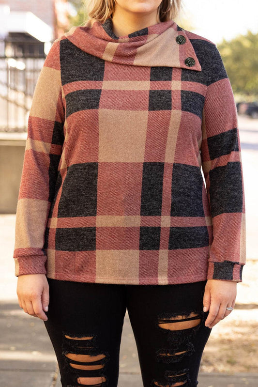 Mineral Red Plus Size Plaid Print Button Decor Asymmetric Neck Top - L & M Kee, LLC