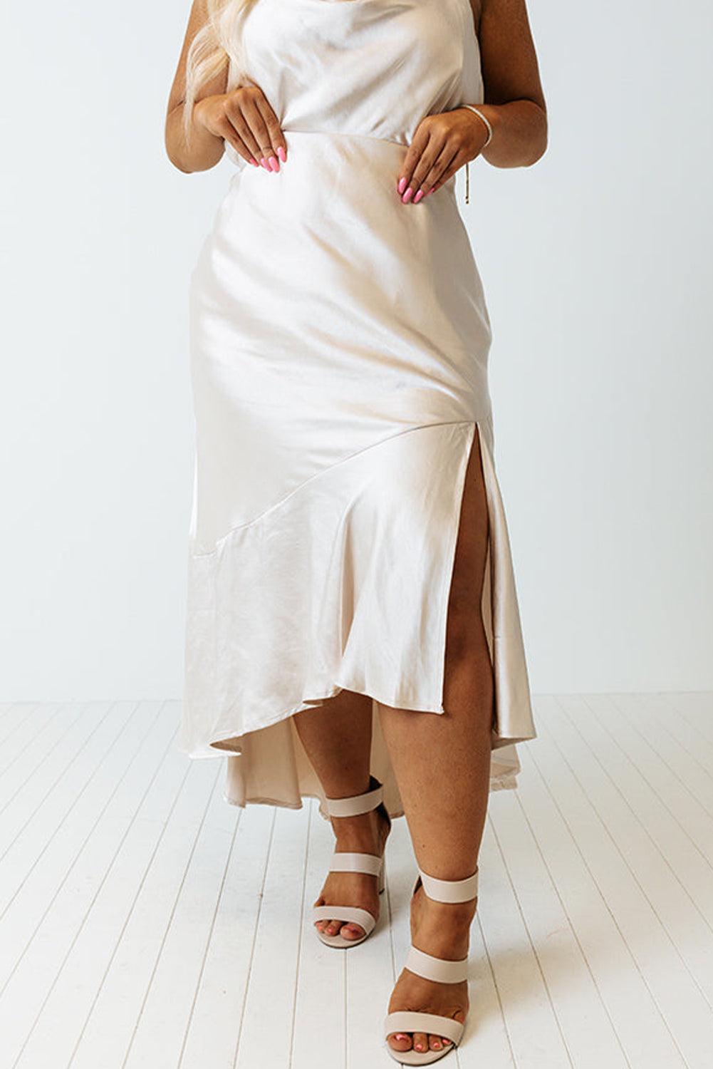 Beige Satin Split Ruffled High Waist Plus Size Skirt - L & M Kee, LLC
