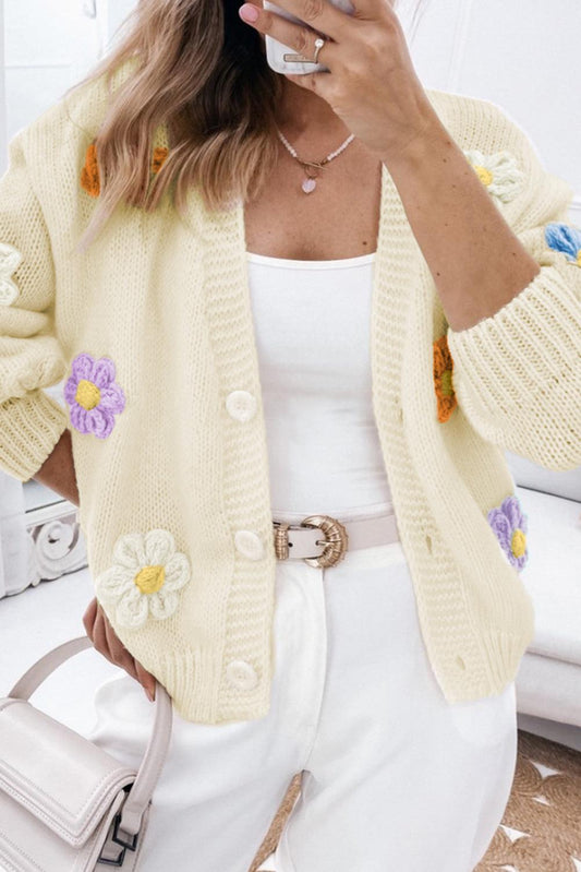 Beige Cute Flower Embellished Buttoned Cardigan Sweater - L & M Kee, LLC
