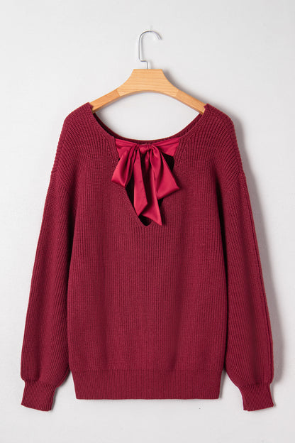 Red Dahlia Ribbed Knit Ribbon Knot Backless Drop Shoulder Sweater