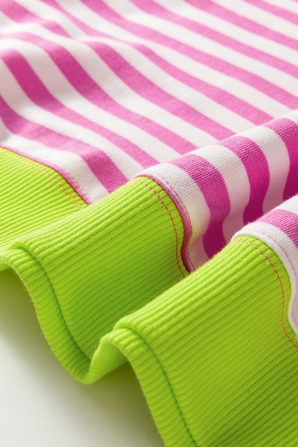 Rose Red Striped Contrast Ribbed Trim Crossed Stitch Drop Shoulder Sweatshirt