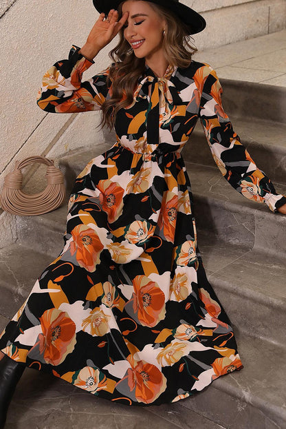 Orange Floral Print Tie Neck Long Sleeve Dress - L & M Kee, LLC