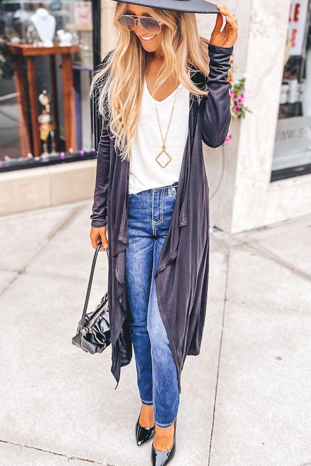 Black Draped Open Front Long Cardigan - L & M Kee, LLC