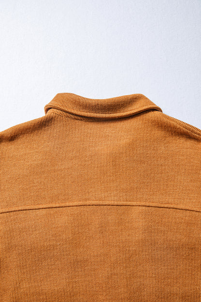Russet Orange Flap Pocket Textured Knit Solid Color Casual Shacket
