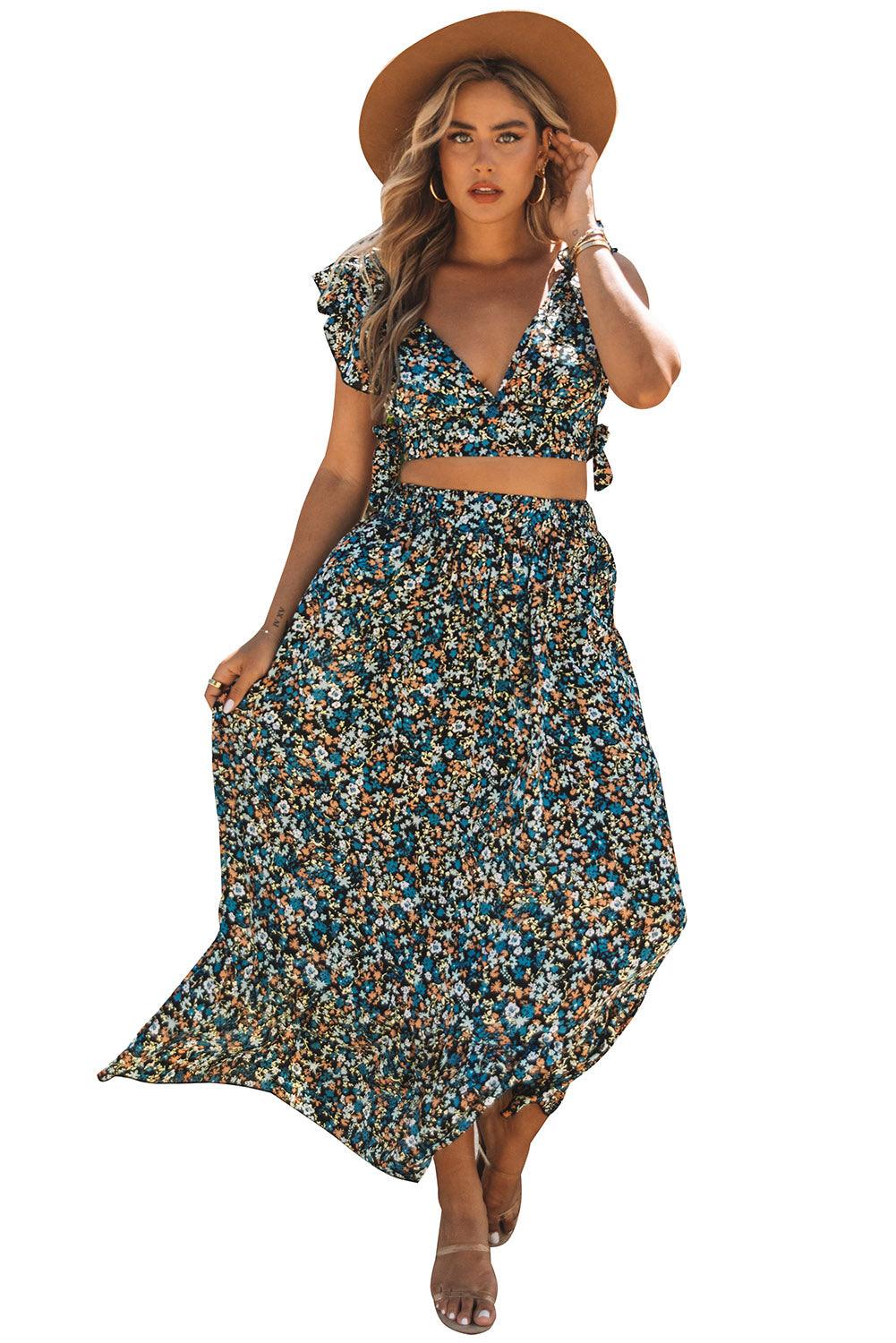 Multicolor Floral Ruffled Crop Top and Maxi Skirt Set - L & M Kee, LLC