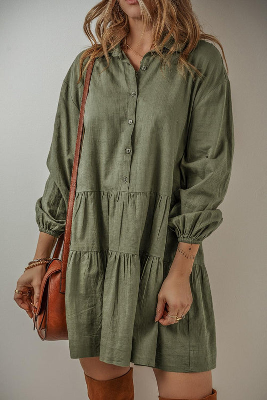 Jungle Green Puff Sleeve Buttoned Tiered Pleated Shirt Mini Dress - L & M Kee, LLC