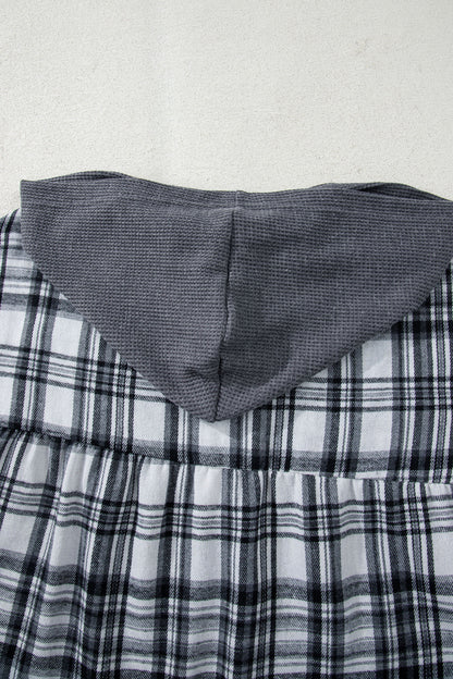 Gray Plaid Patchwork Long Sleeve Button Hooded Blouse