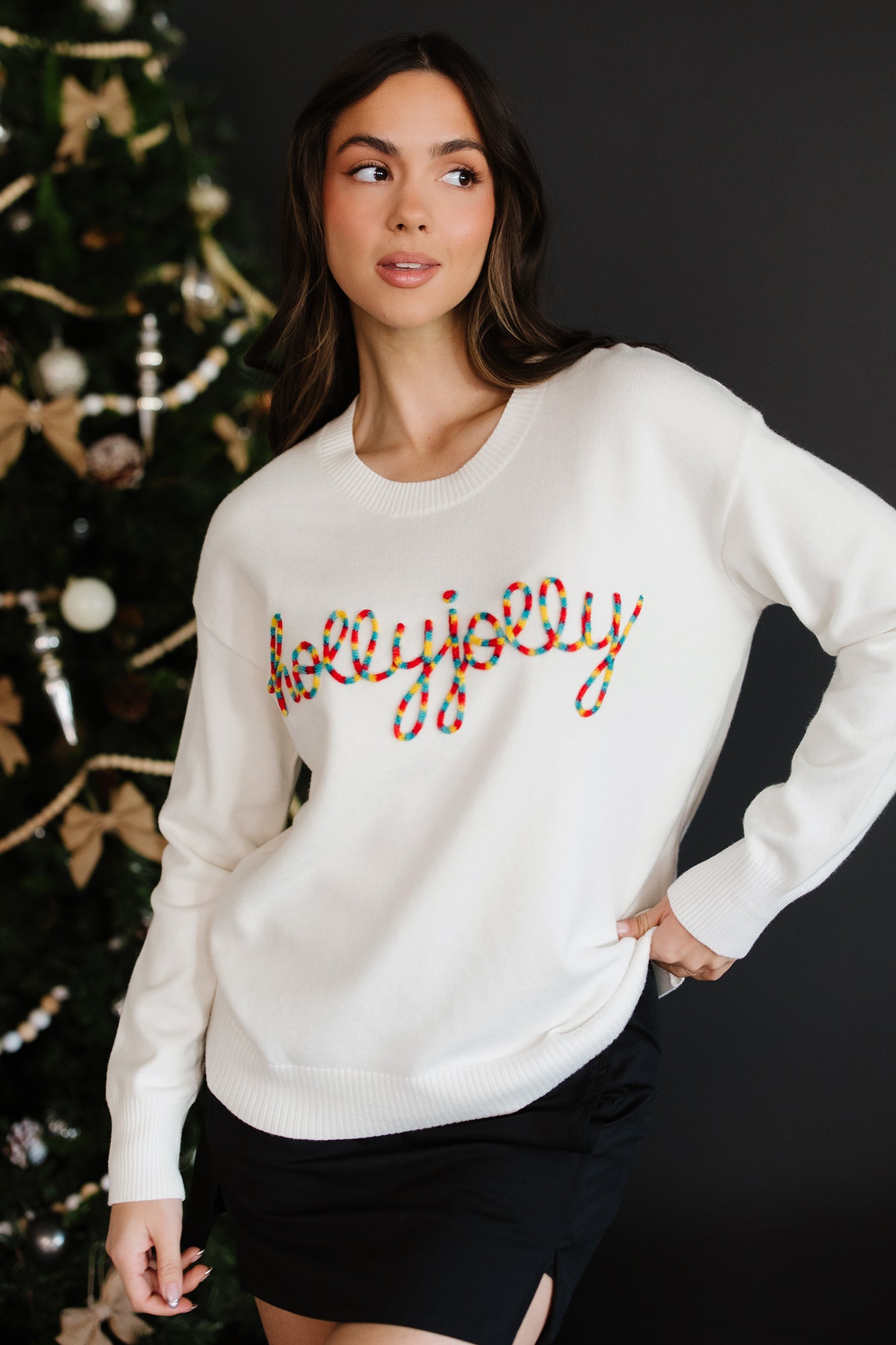 Beige Colorful Holly Jolly Christmas Knit Loose Sweater