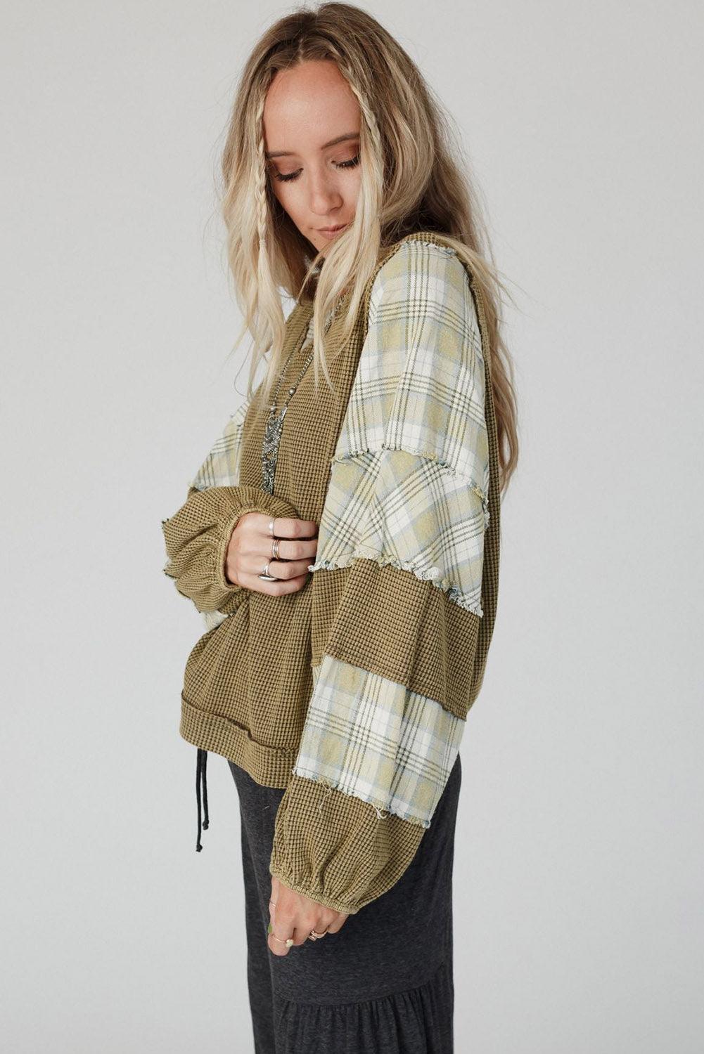 Green Plaid Patch Waffle Knit Exposed Seam Bubble Sleeve Top - L & M Kee, LLC