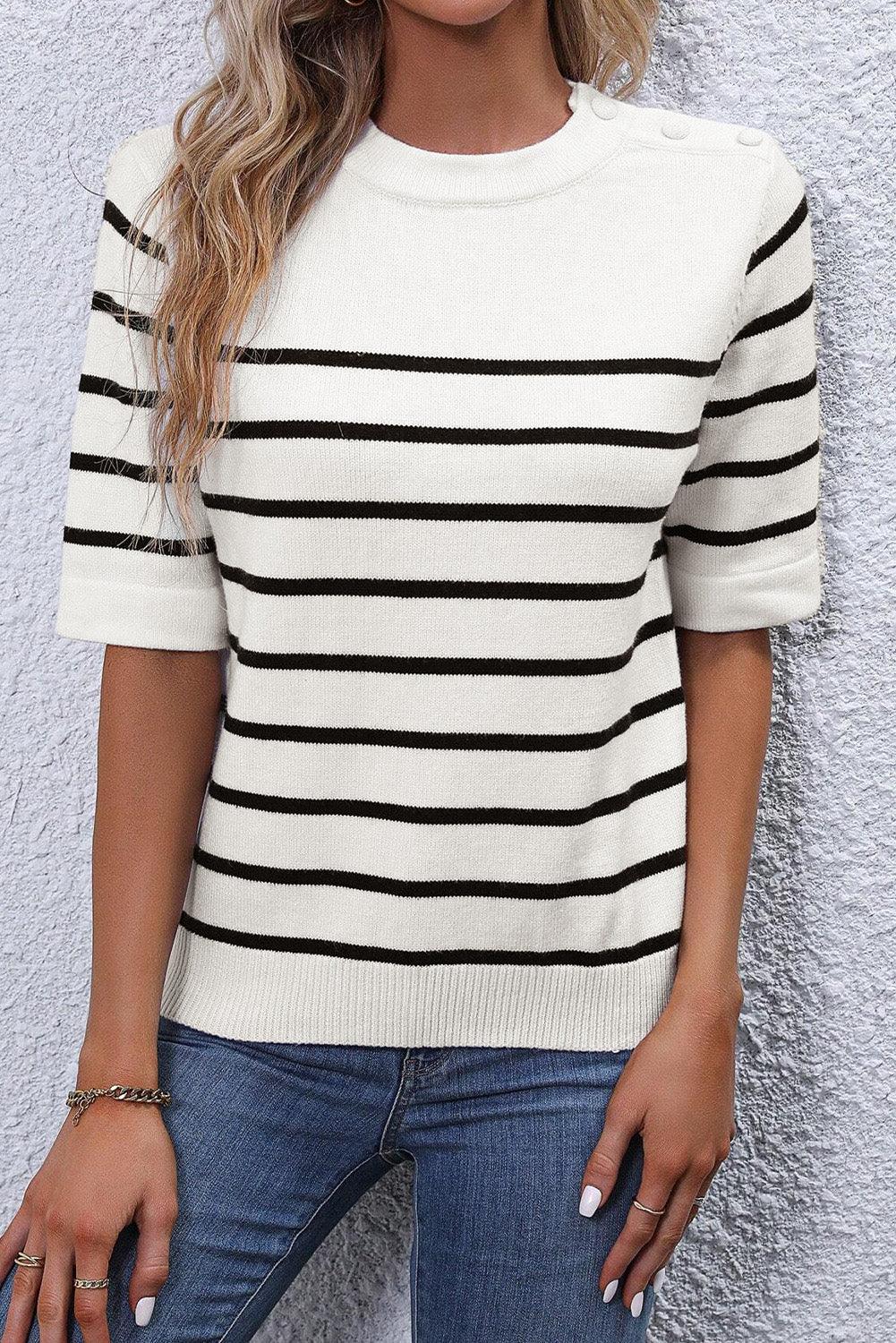 White Stripe Striped Half Sleeve Knitted Tee - L & M Kee, LLC