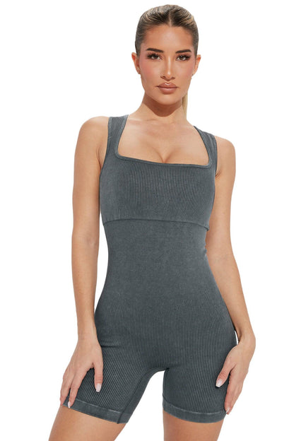 Gray Ribbed Square Neck Padded Sports Romper - L & M Kee, LLC