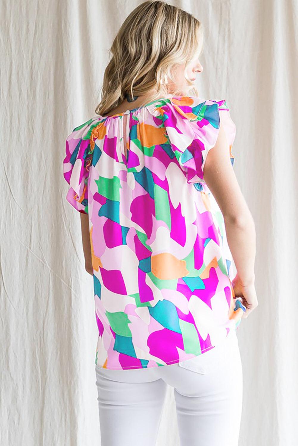 Multicolor Abstract Pattern Ruffle Short Sleeves Blouse