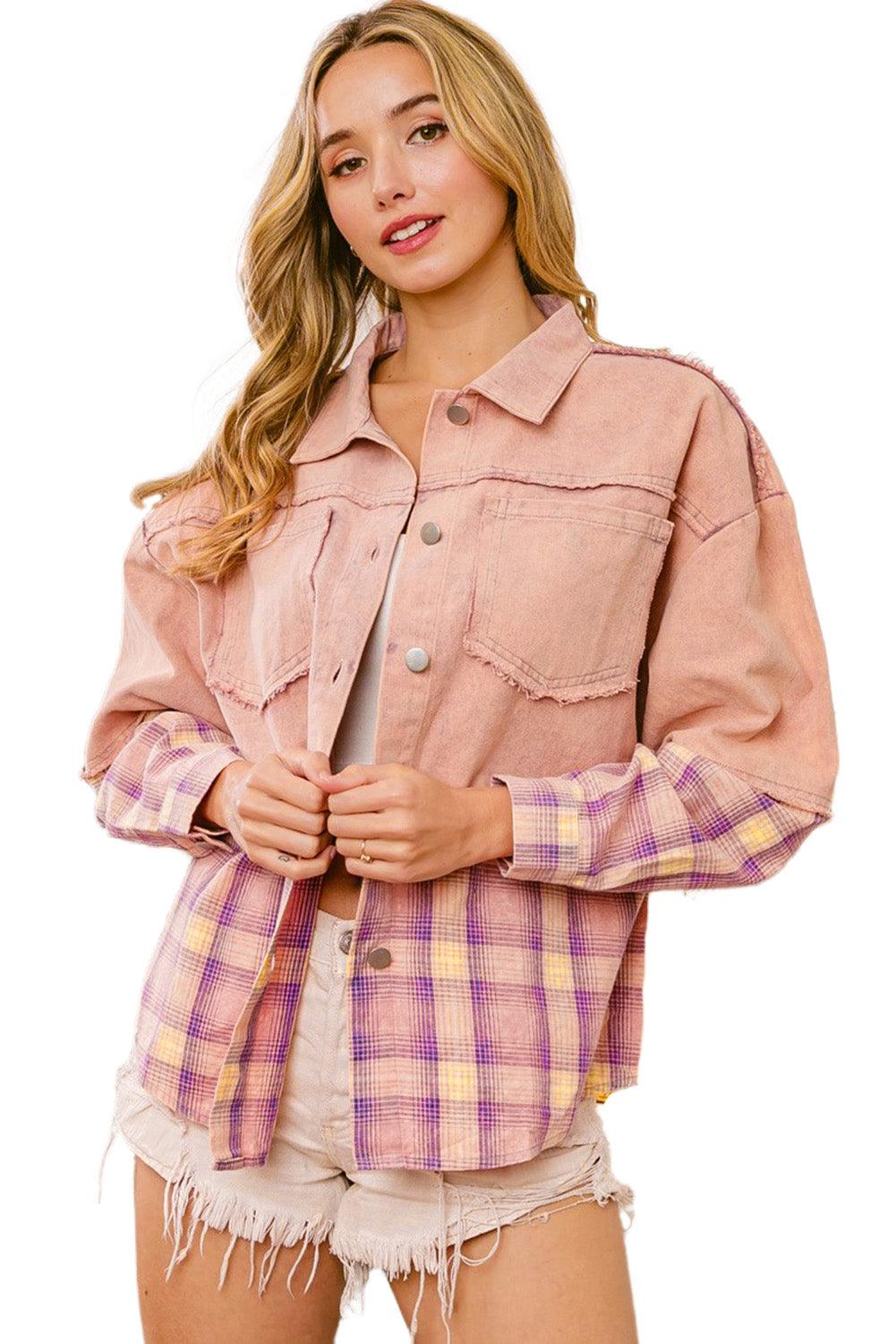 Pink Frayed Patchwork Plaid Contrast Jacket - L & M Kee, LLC