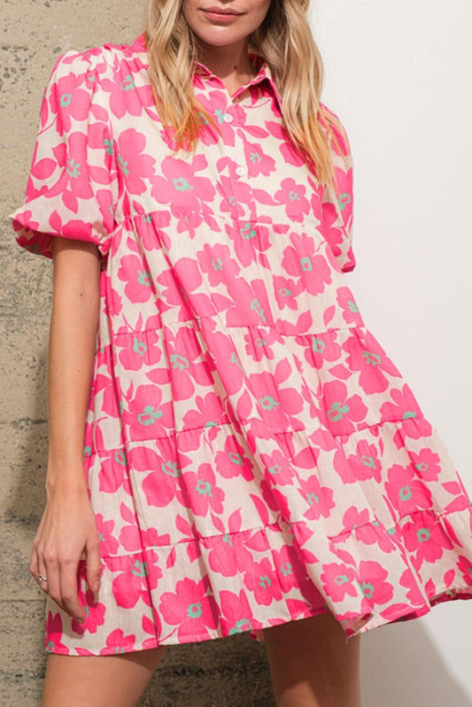 Pink Floral Tiered Puff Sleeve Mini Shirt Dress - L & M Kee, LLC