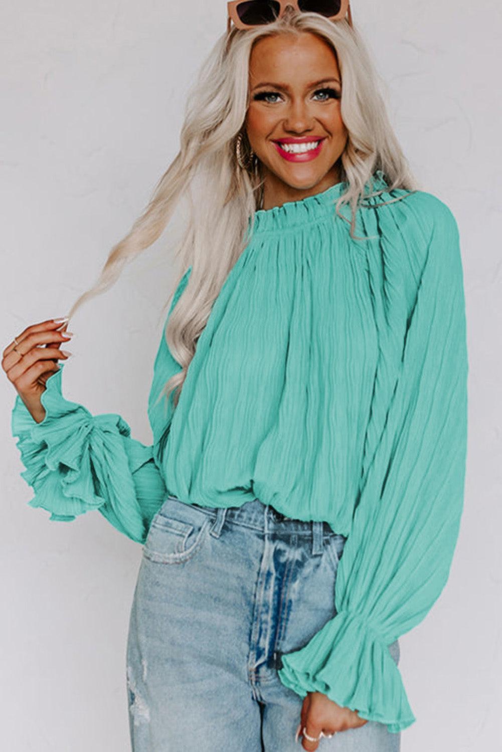 Green Striking Pleated Flared Cuff Long Sleeve Blouse - L & M Kee, LLC