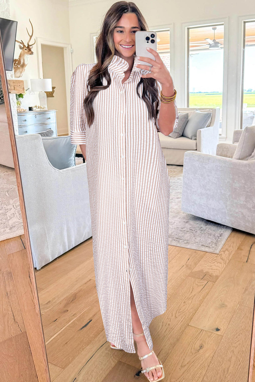 Khaki Stripe Frilled Collar Half Sleeve Shirt Maxi Dress