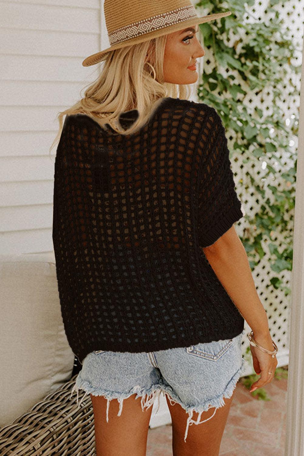 Apricot Fishnet Knit Ribbed Round Neck Short Sleeve Sweater Tee - L & M Kee, LLC