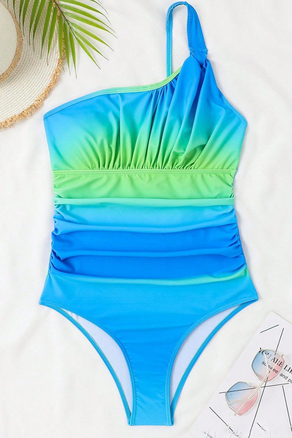 Sky Blue Gradient Ruched Asymmetric One-shoulder Teddy Swimsuit - L & M Kee, LLC