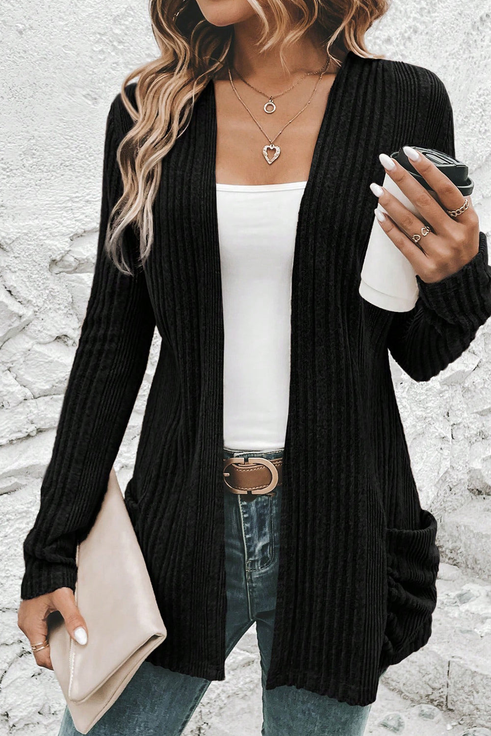 Black Ribbed Open Front Knitted Top with Pockets