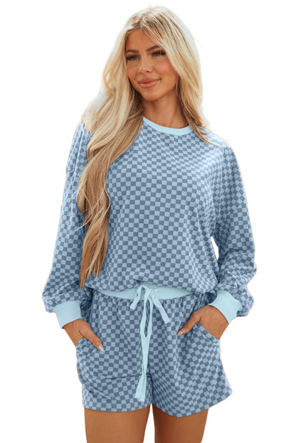Sky Blue Checkerboard Long Sleeve Pullover and Shorts Set