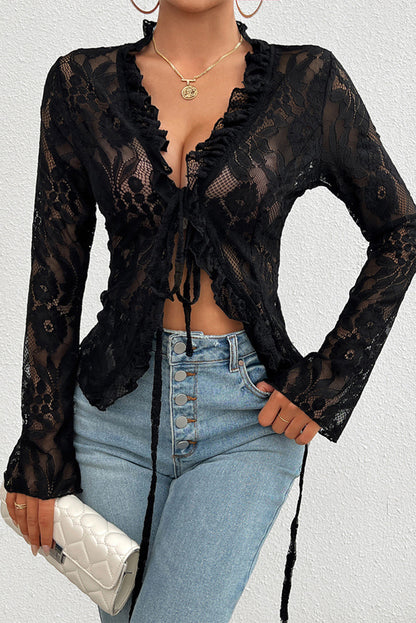 Black Frilly Tie Front See-Through Floral Lace Blouse