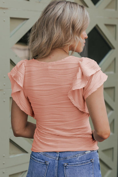 Apricot Pink Wavy Textured Ruffle Sleeve Top - L & M Kee, LLC