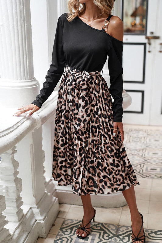 Black Asymmetric Shoulder Leopard Belted Dress - L & M Kee, LLC