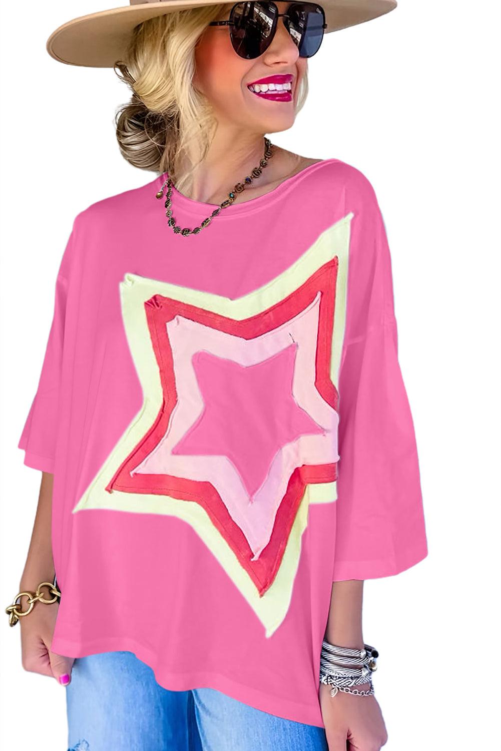 Bonbon Colorblock Star Patched Half Sleeve Oversized Tee - L & M Kee, LLC