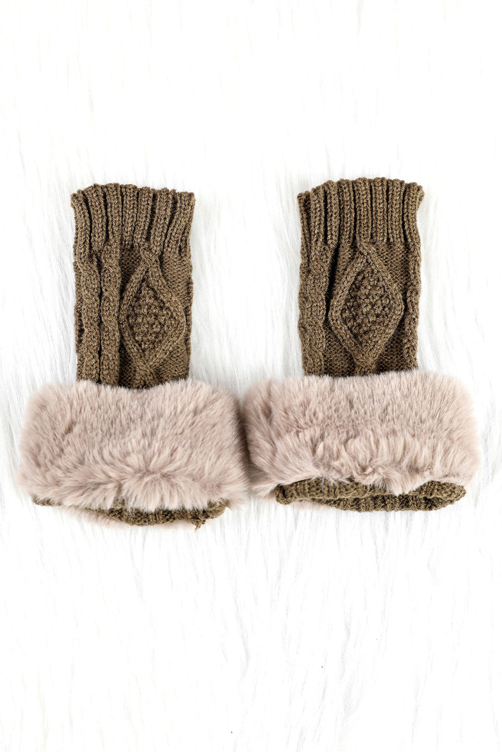 Camel Faux Fur Detail Fingerless Textured Knitted Gloves