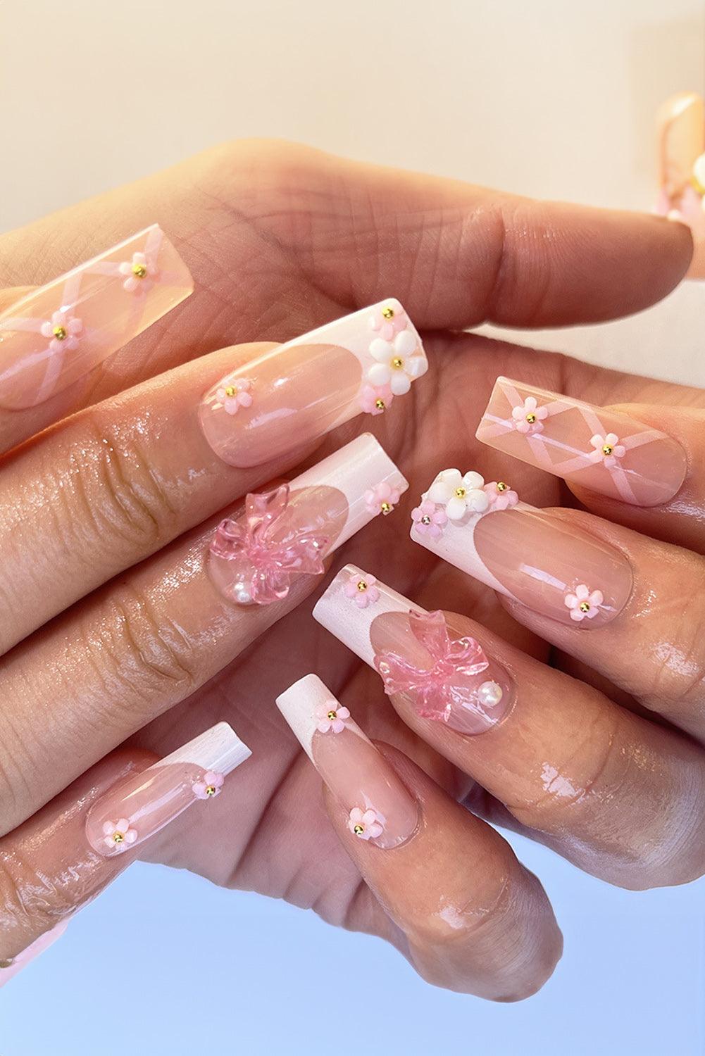 Light Pink French Floral Bowknot Nail Sticker Set - L & M Kee, LLC