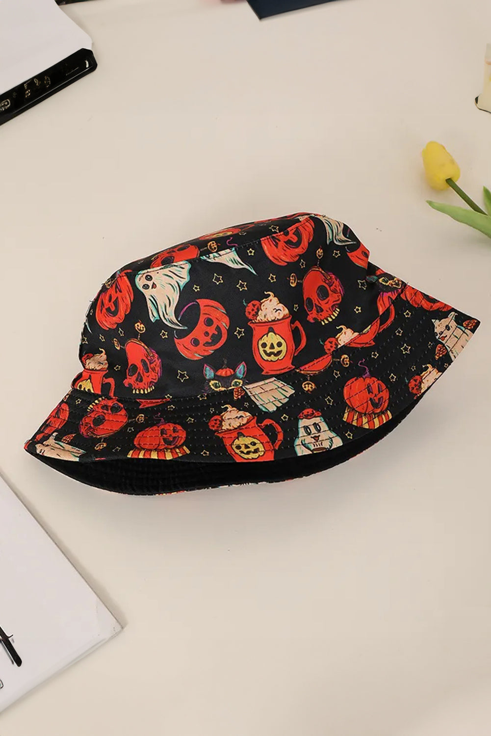 Orange Halloween Pumpkin Ghost Print Bucket Hat