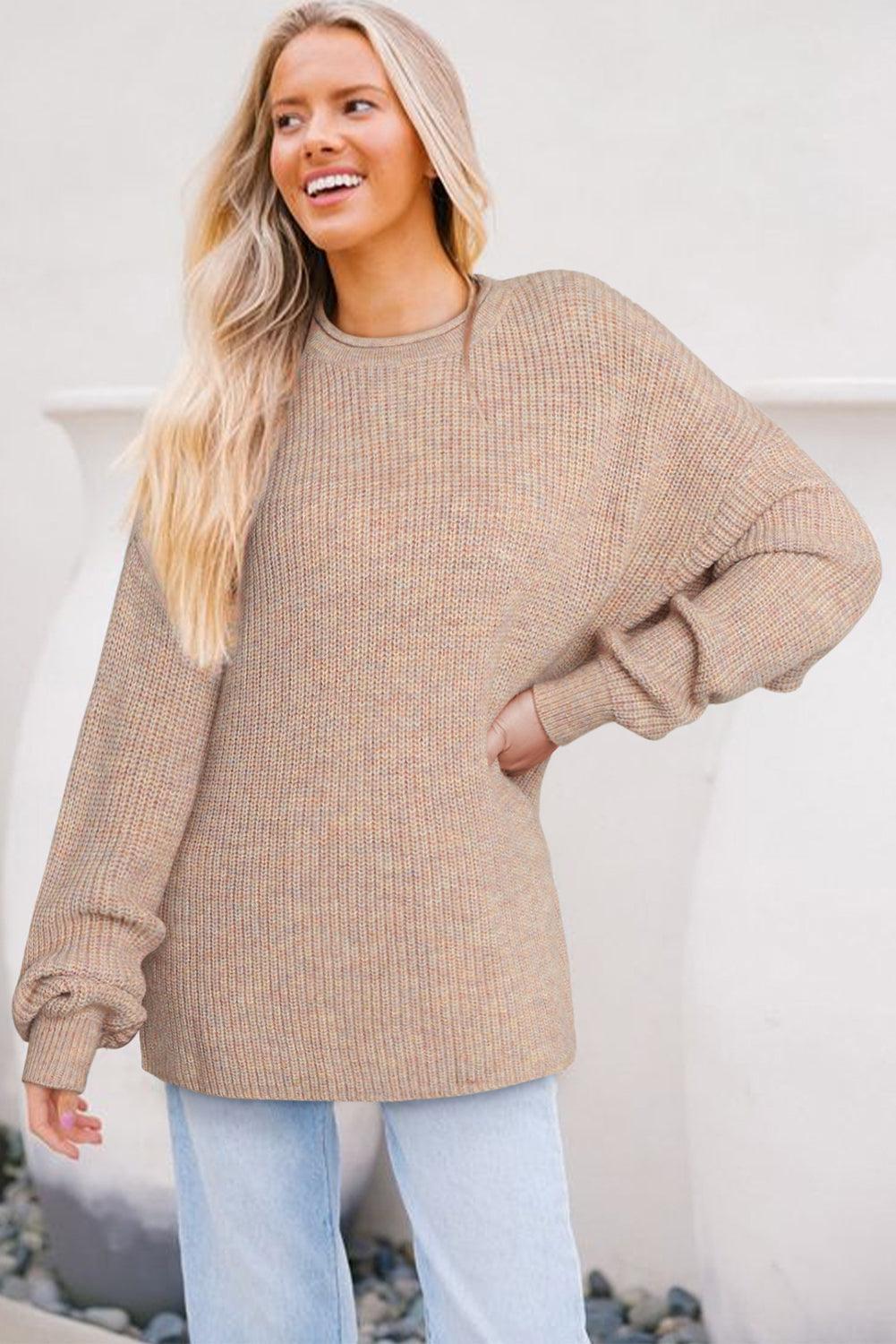 Multicolor Rolled Round Neck Drop Shoulder Sweater - L & M Kee, LLC