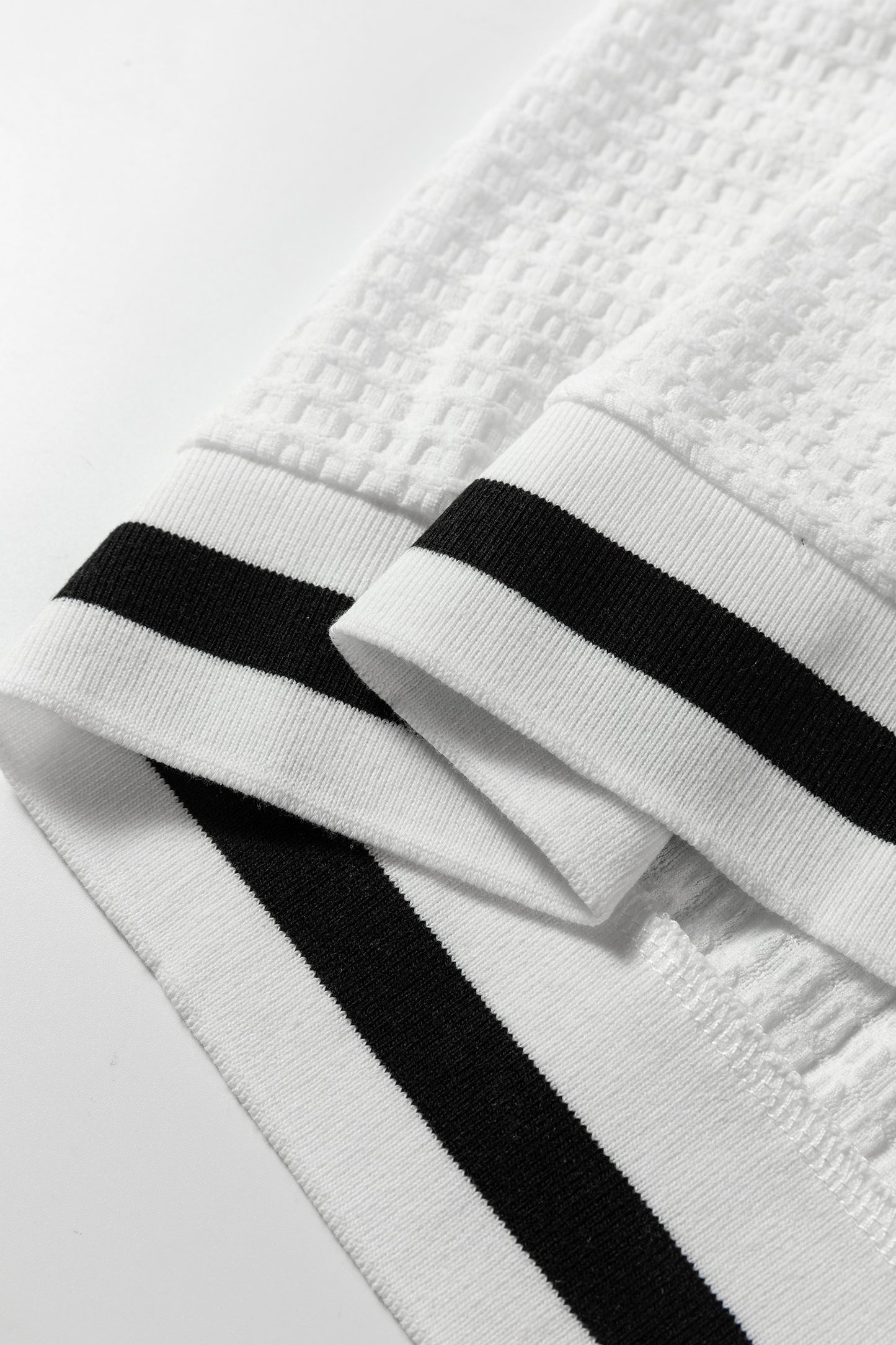 White Textured Knit Preppy Striped Trim V Neck Pullover Waffle Top