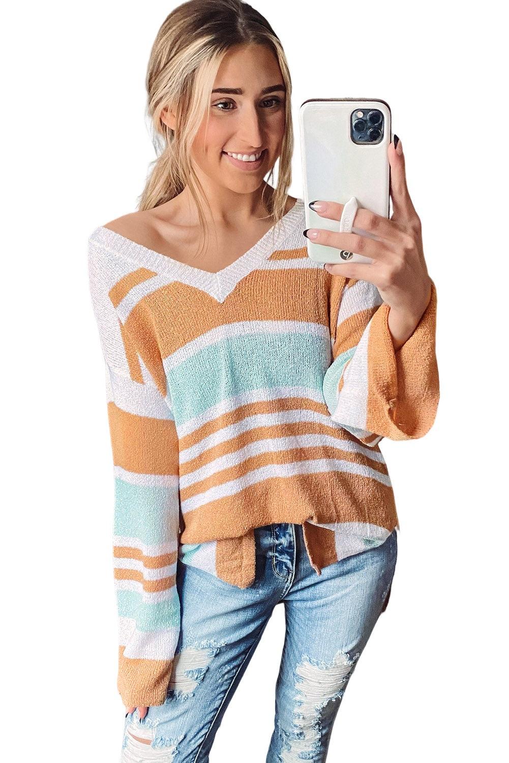 Multicolor Colorblock Stripe Long Sleeve Split Sweater - L & M Kee, LLC