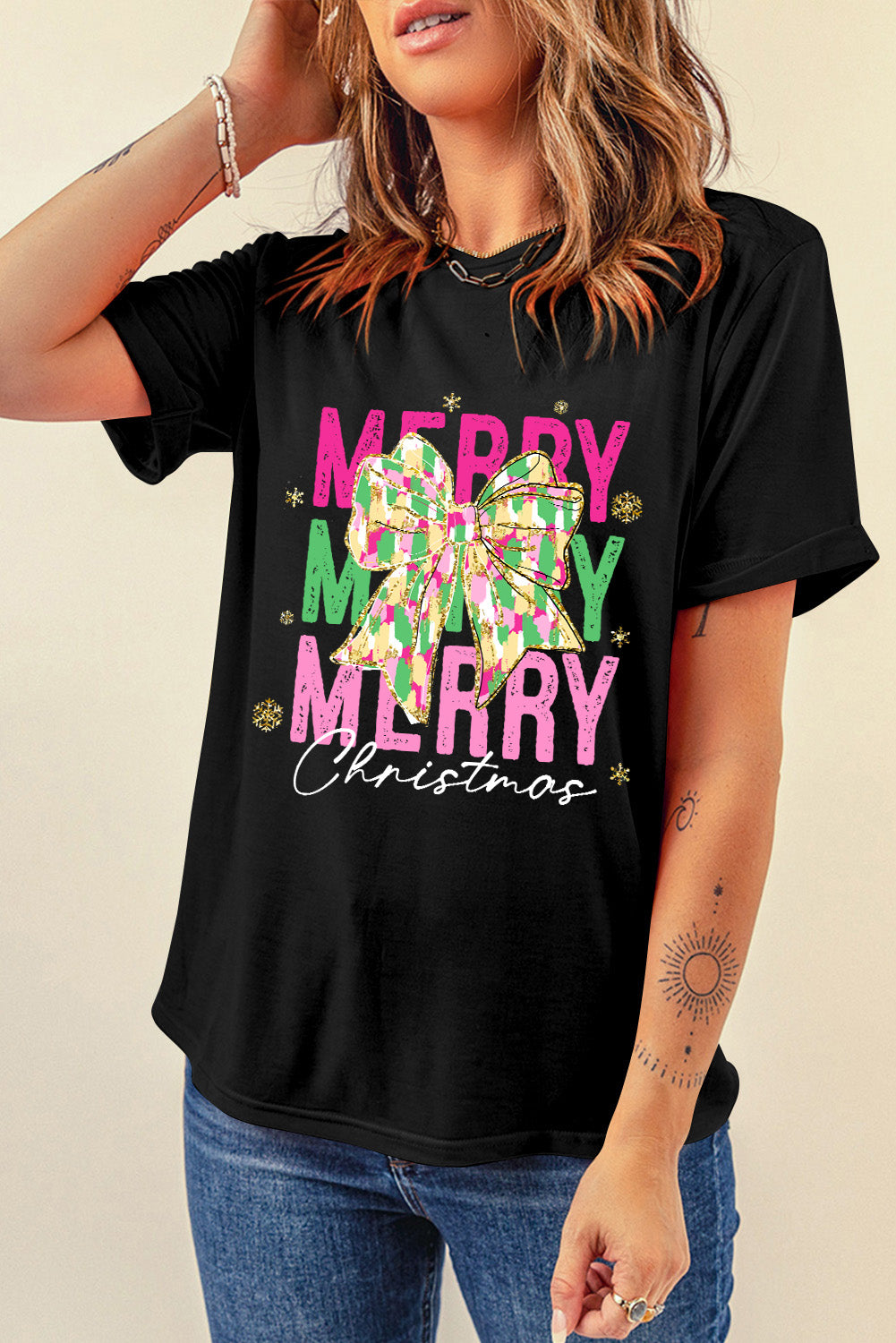 Black Merry Christmas Brushwork Bow Printed T Shirt