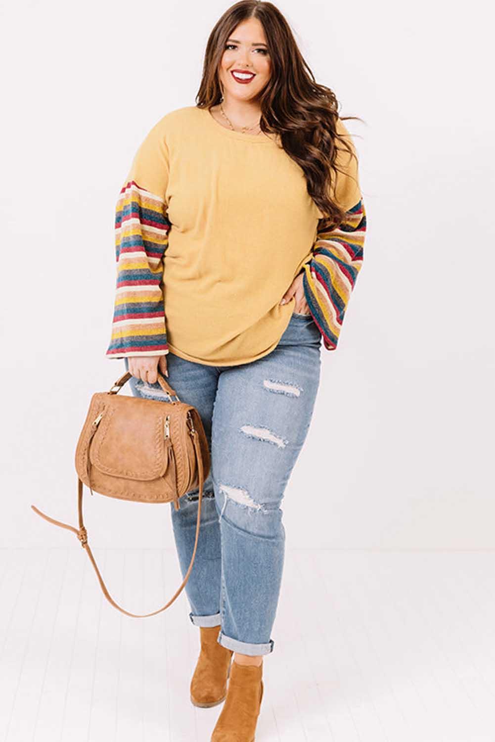 Yellow Serape Striped Bell Sleeve Plus Size Top - L & M Kee, LLC