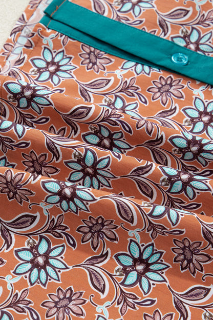 Orange Boho Floral Contrast Collared Shirt Mini Dress
