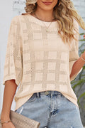 Apricot Plaid Pattern Crochet Knit Short Sleeve Sweater