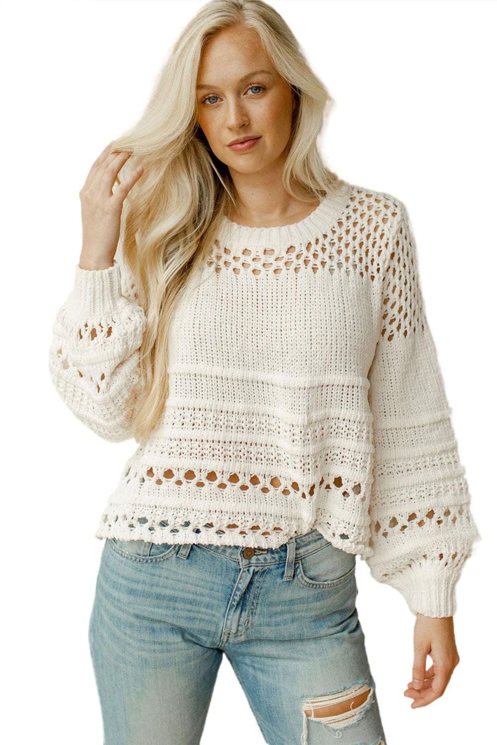 White Solid Color Pointelle Knit Puff Sleeve Sweater - L & M Kee, LLC
