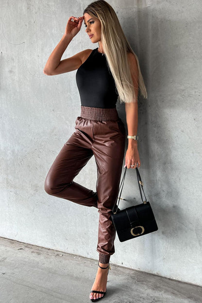 Brown Smocked High-Waist Leather Skinny Pants - L & M Kee, LLC