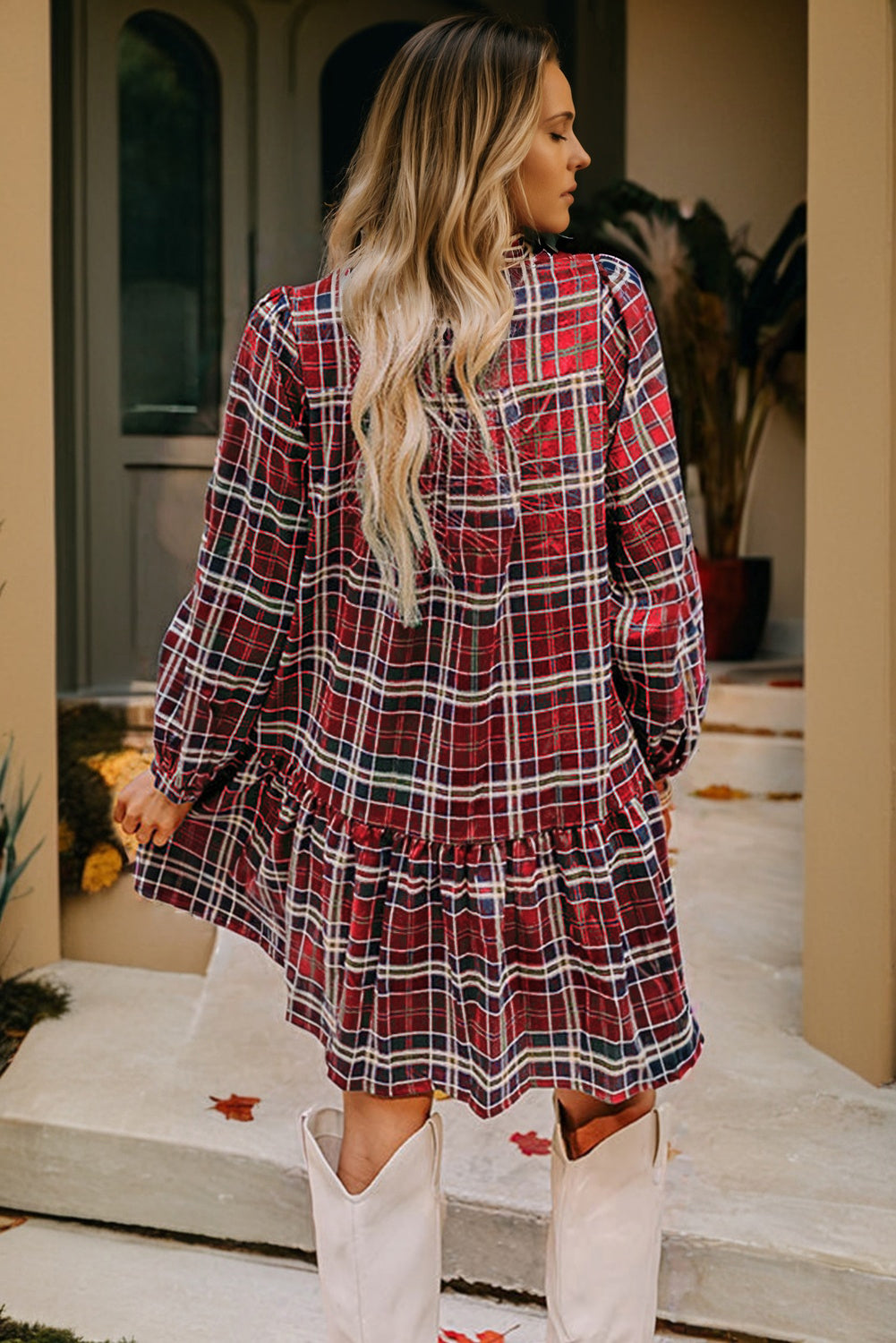 Red Plaid Print Frilly Collar Long Sleeve Shift Mini Dress