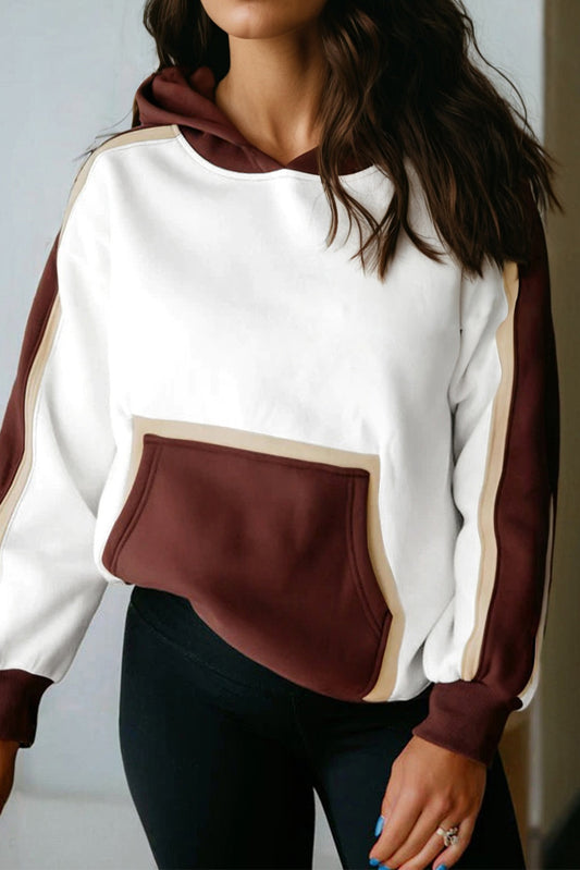 Coffee Color Block Patchwork Athleisure Hooded Sweatshirt