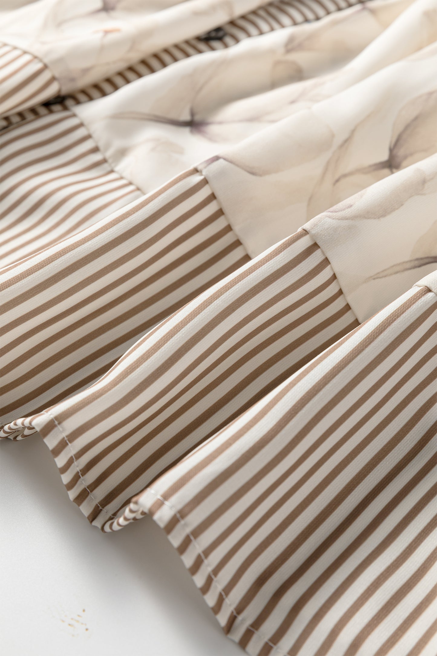 Khaki Plus Size Floral Print Striped Trim Patchwork Button Down A-line Dress