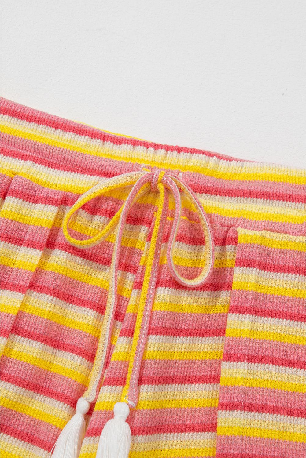 Yellow Stripe Rainbow Tee Tasseled String Wide Leg Pants Set - L & M Kee, LLC
