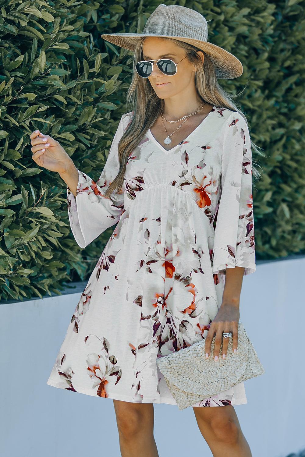 V Neck 3/4 Sleeve Floral Dress - L & M Kee, LLC