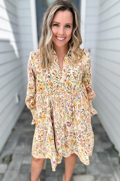 Yellow Floral Print Frilly Trim Smocked Cuff Long Sleeve Loose Shirt Dress