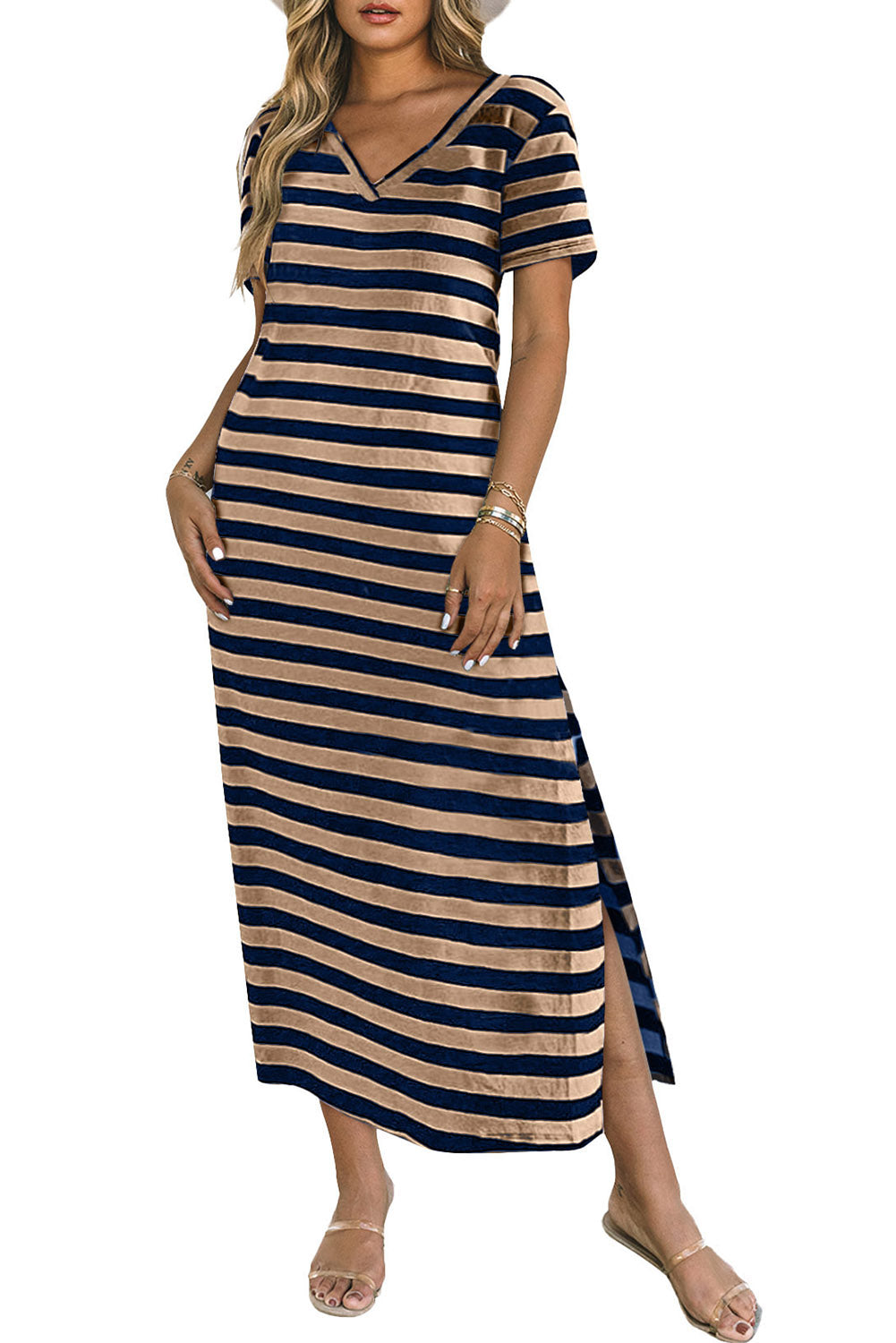Black Stripe Print V Neck Maxi Dress with Side Splits