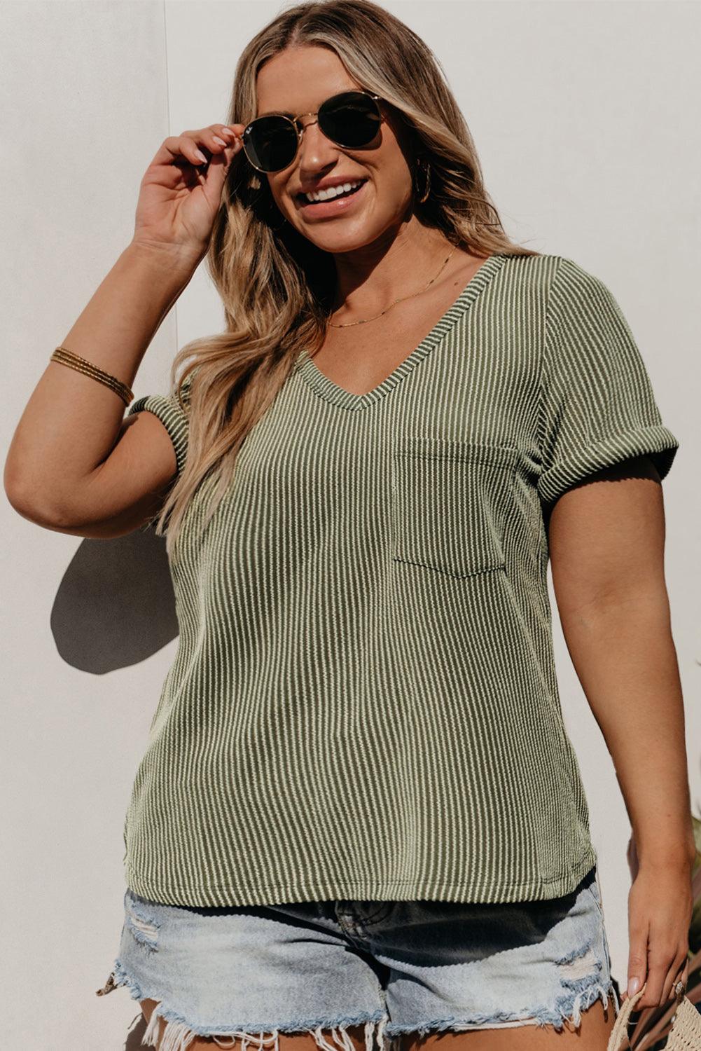 Meadow Mist Green Plus Size Corded V Neck Patch Pocket Tee - L & M Kee, LLC