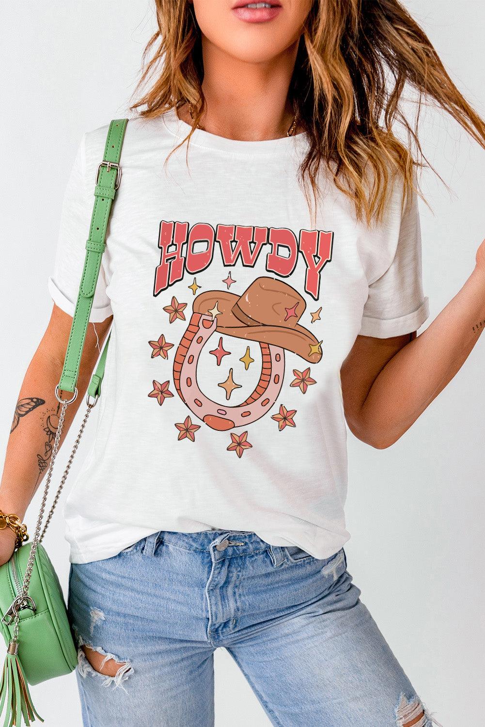 White HOWDY Western Hat Horseshoe Star Print O Neck T Shirt - L & M Kee, LLC