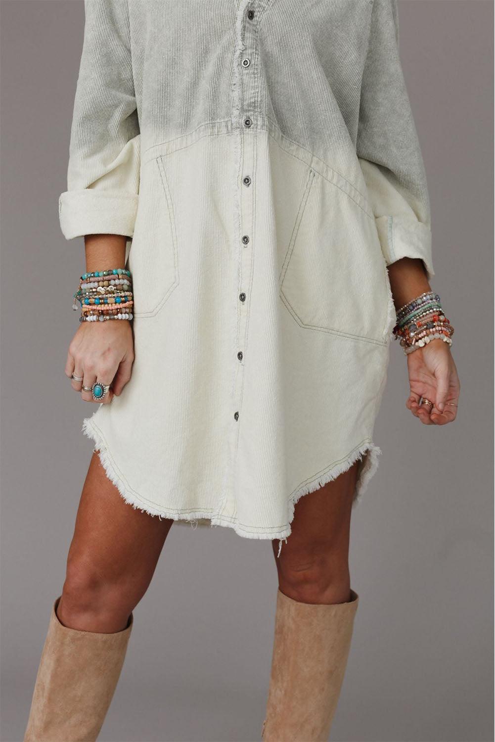 Gray Gradient Long Sleeve Button Up Raw Hem Denim Dress - L & M Kee, LLC